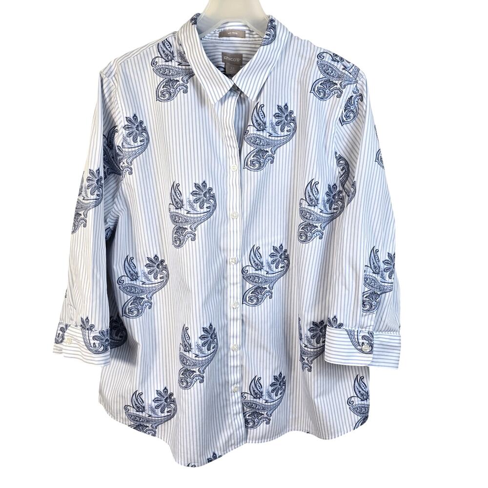 Chico's Blouse Women's 18 Blue White Striped Paisley Coastal Casual Classic